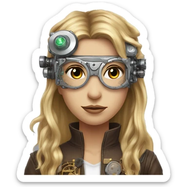 Brown long hair with blonde steaks female cyborg head, fair skin, steampunk goggles and circuits sticker