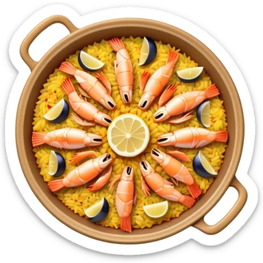cinematic-realistic-paella-dish-emoji,-depicted-as-a-vibrant,-aromatic-rice-dish-loaded-with-seafood,-chicken,-and-saffron-rendered-with-rich-textures-and-dynamic,-warm-lighting with a lemon slice in the middle sticker