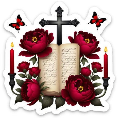 A dark, romantic composition featuring deep red peonies and pansies intertwined with blackened love letters, surrounded by glowing crimson candles. Butterflies in various shades of red flutter around Gothic crosses, creating an eerie yet passionate atmosphere. sticker