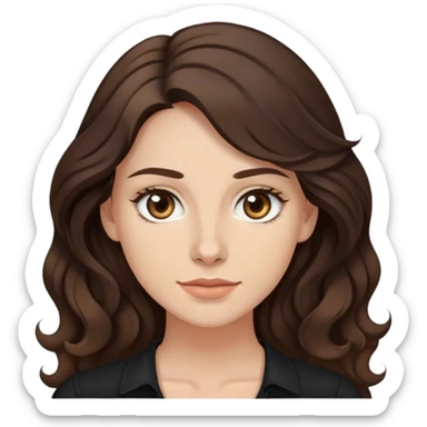 27 year old Caucasian woman with fair skin, brown eyes, long wavy dark brown hair, wearing a black top with a button sticker
