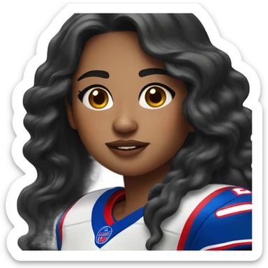 Girl with long black hair and freckles wearing buffalo bills jersey sticker
