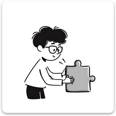 hand-drawn genius boy with wild hair, glasses, and a puzzle piece symbol sticker