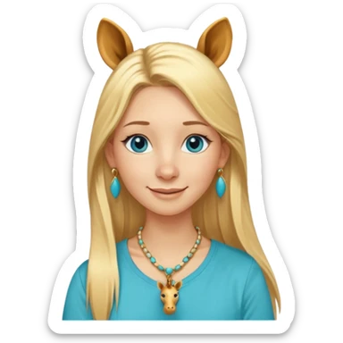 Swedish girl blonde long straigt hair blue eyes turqoise shirt gold earings, girrafe necklace gold small, long lashes smiling closed mouth sticker