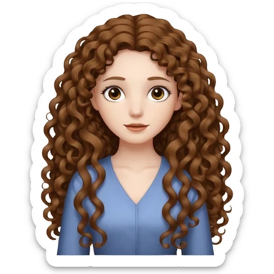 pale woman with brown curly very long hair, middle part. the hair is very very very very very very long, waist length, but you can't see her waist sticker