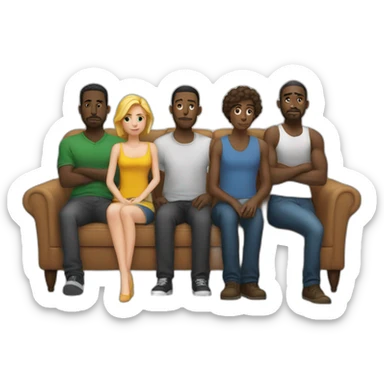 5 black men standing behind a couch on which a single young white woman sits alone and noone besides her sits there sticker