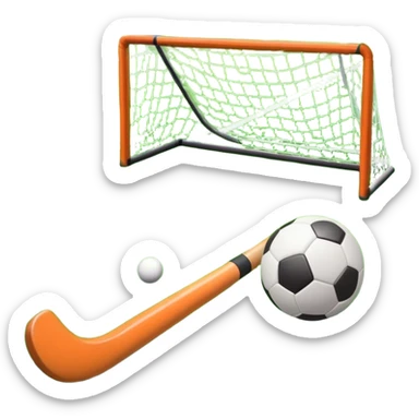 A field hockey stick and ball on a vibrant green grass field, with goalposts and clear field markings in the background. The scene emphasizes the bright, lush grass, highlighting the fast-paced and strategic nature of hockey on a well-maintained pitch. sticker