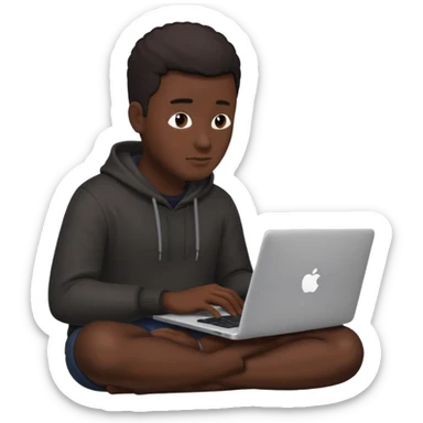 its a black colored man sitting working on a laptop with no face  sticker