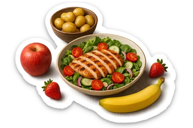 insalate con petto di pollo grigliato e bowl di patate cotte poggiate per terra e frutta fresca, iperrealistico 4k sticker