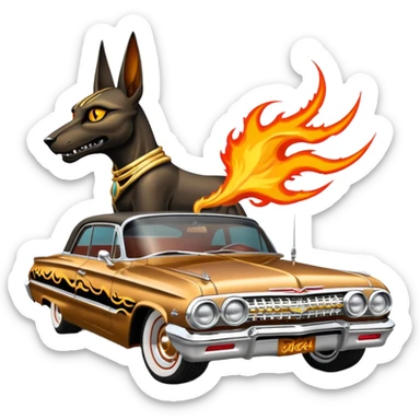 Satans Hot rod custom 1964 impala low rider four door Anubis themed painted hood flaming side-mounted chrome exhaust pipes driving straight to hell  sticker