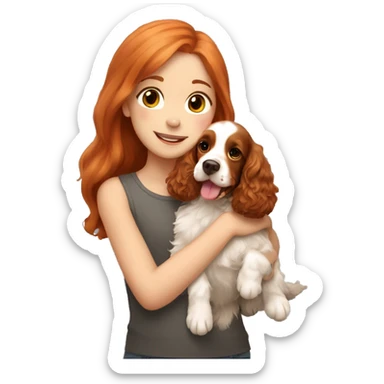 A very cute girl with red hair cuddling a happy light brown happy English Cocker Spaniel. sticker