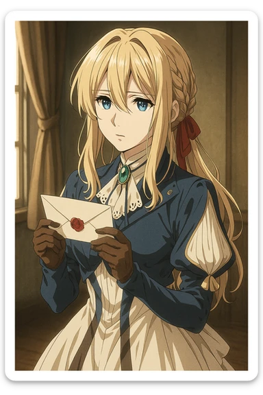 Violet Evergarden in her original anime art style, elegant girl with long blonde hair, blue eyes, blue and white dress with brooch, holding a letter, highly detailed and faithful to the anime sticker