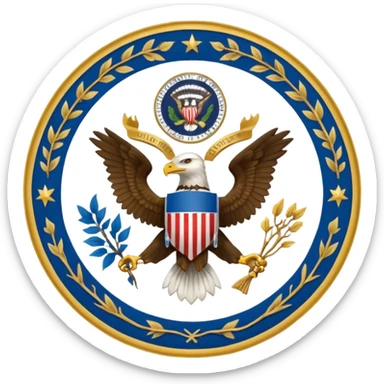 Seal of the office of the President of the United States with eagle in the center holding vines and arrows the seal is blue with gold outline sticker