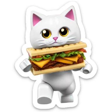 A cat made out of Lego has stolen a döner kebab and is being chased down the street by Donald trump sticker