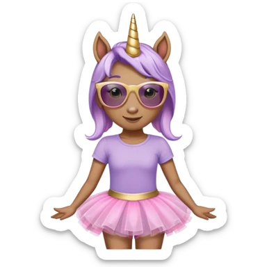 head and shoulders portrait of a friendly anthropomorphised female unicorn in tutu and pink t-shirt, wearing dark sunglasses, lavender and gold color scheme sticker