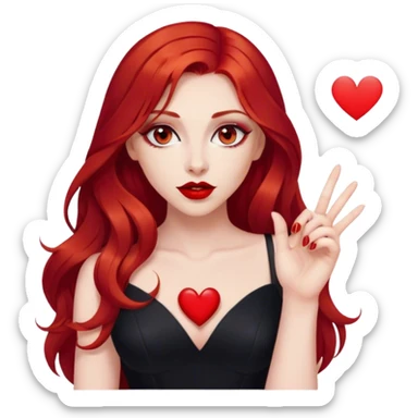a pretty woman with long red hair and red eyes. The woman wear a black little cutted dress. She have red lipstick and she have a seductive look. She do a heart shape with her fingers sticker