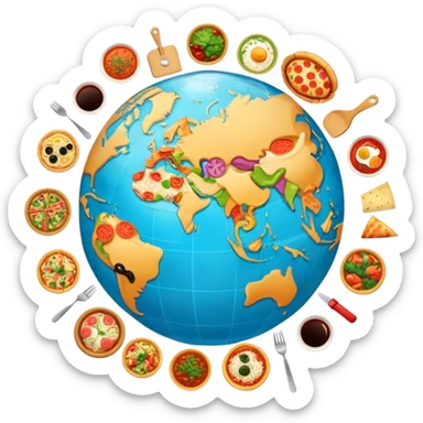 Icon for Gastronomic Tourism: a globe with various cuisines from around the world, such as pizza, sushi, tacos, and pasta, surrounded by food-related travel elements like a fork, knife, and map. Transparent background. sticker