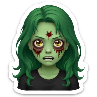 crie um emoji de uma garota zoombie pele verde e cabelo castanho e longo , assustadora e fofa com cabelo ondulado 2b e camiseta básica preta sticker