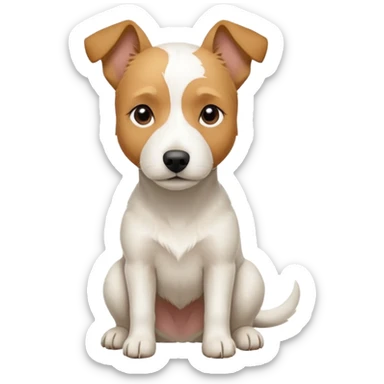 a full body facing front on of a buff white parson russell terrier looking dog the size of a kelpie with light brown long ears resting on its face and a light brown patch above one eye and a large snout. the rest of the dog is completely white.  sticker