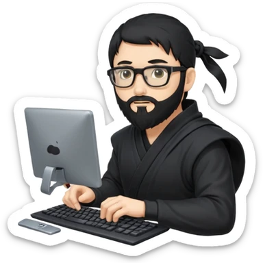 Man with black hair and beard wearing glasses in a ninja costume. Keep the top left version, make the beard longer and replace the sword on his with a computer keyboard  sticker