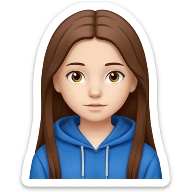 teen girl, white skin, long brown hair middle parted, brown eyes, blue hoodie sticker