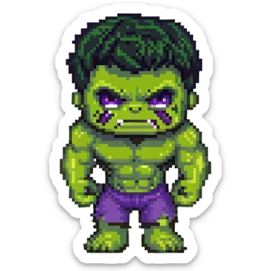 chibi version of Hulk from Marvel, exaggerated head, green skin, purple shorts sticker
