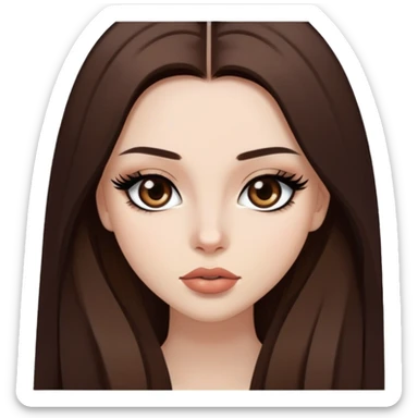 pretty baddie, brown straight hair, cute lips, pale skin, long hair, dark brown eyes, bold black eyeliner sticker