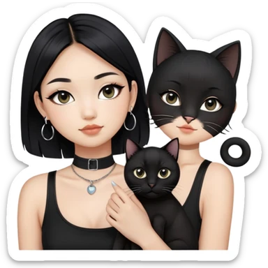 Asian cool girl, black hair.  Holding two BLACK cats. one cat has a round fat face, the other one has a slightly slimmer face. Both pure black.  The girl also wearing a black singlet, a black chocker, silver round hook earring, and wearing eyeliner.  sticker