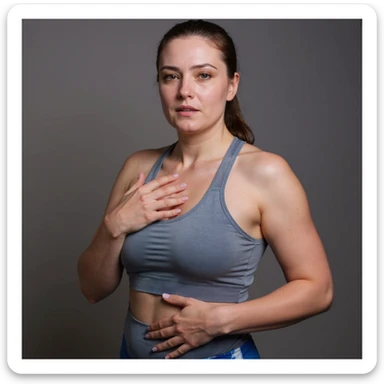 Realistic style woman in sportswear inspired by the reference photo, with one hand on her chest and the other on her belly, showing an expression of heartburn, neutral background. sticker