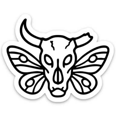 a terrifying minimal red line art of just a head (no body) combining minotaur skull with broken horn, stoat features, frog mouth, with moth wings sprouting directly from the skull, transparent hollow center, distressed appearance with deliberately missing sections, worn texture, sparse red lines only sticker