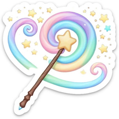 Cinematic cute magical wand, pastel swirls of color, tiny twinkling stars floating around, glowing softly, chubby rounded edges, whimsical and dreamy. sticker