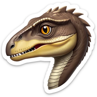 Cinematic Noble Velociraptor Portrait Emoji, Poised and agile, with a slender, streamlined build, sharp, cunning eyes, and a sleek snout hinting at predatory precision, Simplified yet sharply defined features, highly detailed, glowing with a cool, dynamic radiance, high shine, intelligent and swift, stylized with an air of agile prehistoric grace, focused and alert, soft glowing outline, capturing the essence of a watchful and confident Velociraptor that appears ready to dash out of the screen with effortless speed! sticker