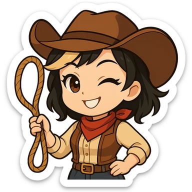 Edit the chibi cowgirl to have new anime-style eyes, holding a rope (lasso) in her left hand, right hand on her hip, with a big confident smile and a playful wink. Keep the cowboy hat, outfit, and chibi/anime style. Transparent background, sized for Twitch or Discord use. sticker