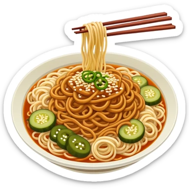 Wuhan hot dry noodles with sesame paste and pickles, simplified emoji style with bold outlines and bright colors, cartoon style Hubei breakfast Re Gan Mian sticker