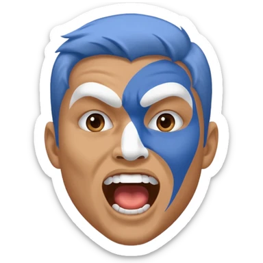 A man with half-blue, half-white face paint, shouting proudly. sticker