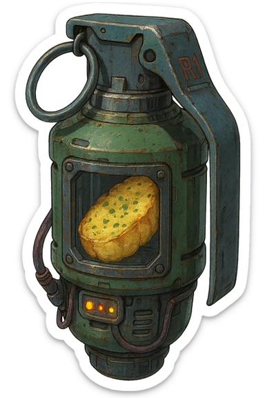 a thermonuclear hand held grenade IED, futuristic cyberpunk. The primed exlosive element is not c4 plastique, but it is garlic bread. sticker