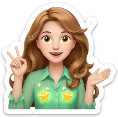 Joyful and imaginative woman with fair skin, long wavy light brown hair, hazel eyes, wearing a light green blouse with yellow accents, holding a glowing lightbulb and gesturing outward. Surrounded by stars, sparkles, speech bubbles, a paper plane, and a small heart. Waist-up, front-facing sticker