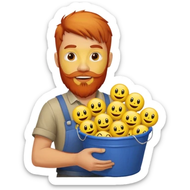 Man with red beard carrying bucket of yellow smiley face sticker