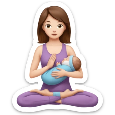 "Pregnant woman sitting in a yoga pose with long brown hair and fair skin, holding a newborn baby (no pregnant) with short brown hair and fair skin." sticker