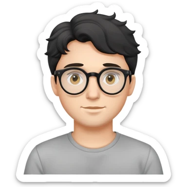 Young caucasian man with black wavy hair, round glasses, wearing a grey t-shirt sticker