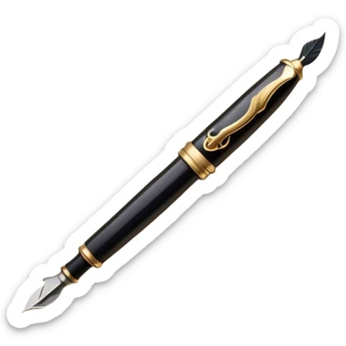 Create a delicate, artistic emoji representing poetry. The design should include a black fountain pen or quill with ink flowing gently onto a piece of parchment or scroll. Add soft, flowing lines to represent the fluidity of verse and creativity. Include elements like a small ink bottle or a feather in the background, and subtle accents of gold or silver to evoke elegance and inspiration. The overall design should feel light, romantic, and whimsical. Make the background transparent. sticker