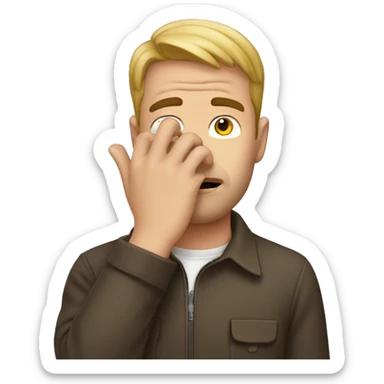 man putting both hand in his face, only see his eyez sticker