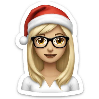 Beautiful white woman, long blonde hair and black glasses wearing a red santa hat holding Yorkshire terrier sticker