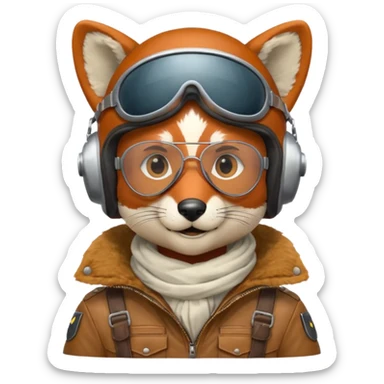 renard aviateur, casque en cuir, écharpe blanche, lunettes "climax" sur le casque au dessus des yeux, blouson aviateur, pas de double lunettes sticker