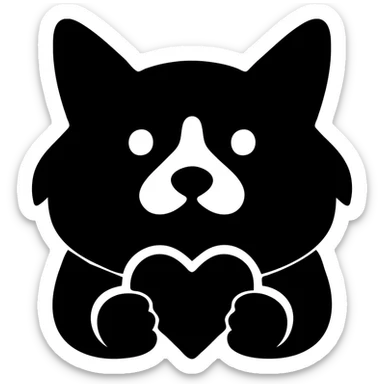 Transform this image into a clean, modern logo of a stylized dog holding a heart in its mouth. Use minimal lines and bold shapes suitable for branding. No background, transparent. sticker
