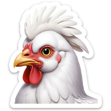 Cinematic Noble White Chicken Portrait Emoji, Poised and regal, with a compact, sturdy build and a pristine, well-groomed pure white plumage, deep-set soulful beady eyes, Simplified yet sharp and sophisticated features, highly detailed, glowing with a soft, dignified glow, high shine, intelligent and alert, stylized with an air of barnyard elegance, focused and attentive, soft glowing outline, capturing the essence of a watchful and confident fowl, so majestic it feels as though it could strut out of the screen with effortless authority! sticker
