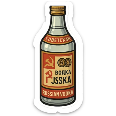 Create a cartoon sticker-style emoji of a Soviet vodka bottle inspired by the reference image. Emphasize the red and gold label, Cyrillic text, and classic bottle shape. No real brand names, just a generic Soviet look. Render in a sticker style. sticker