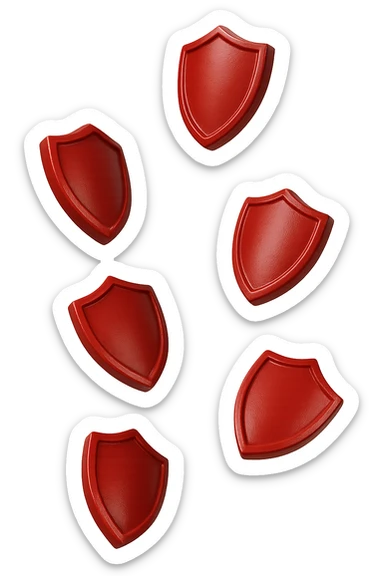 6 scudi 3d rossi che simboleggiano "difesa e protezione", cadono dall'alto casualmente, realistici in 3d, iperrealistico 4k sticker