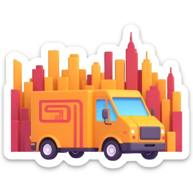 delivery truck with speed lines driving through a modern city, fastest delivery sticker