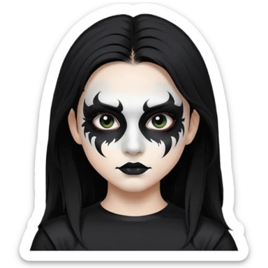 Crea una ragazza con stile black metal,  paint face black metal, capelli neri mossi dalle spalle e occhi bianchi sticker