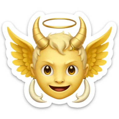 half angel half demon emoji, split face with one side angelic with halo and gentle smile, other side demonic with horn and mischievous grin, classic yellow emoji color sticker
